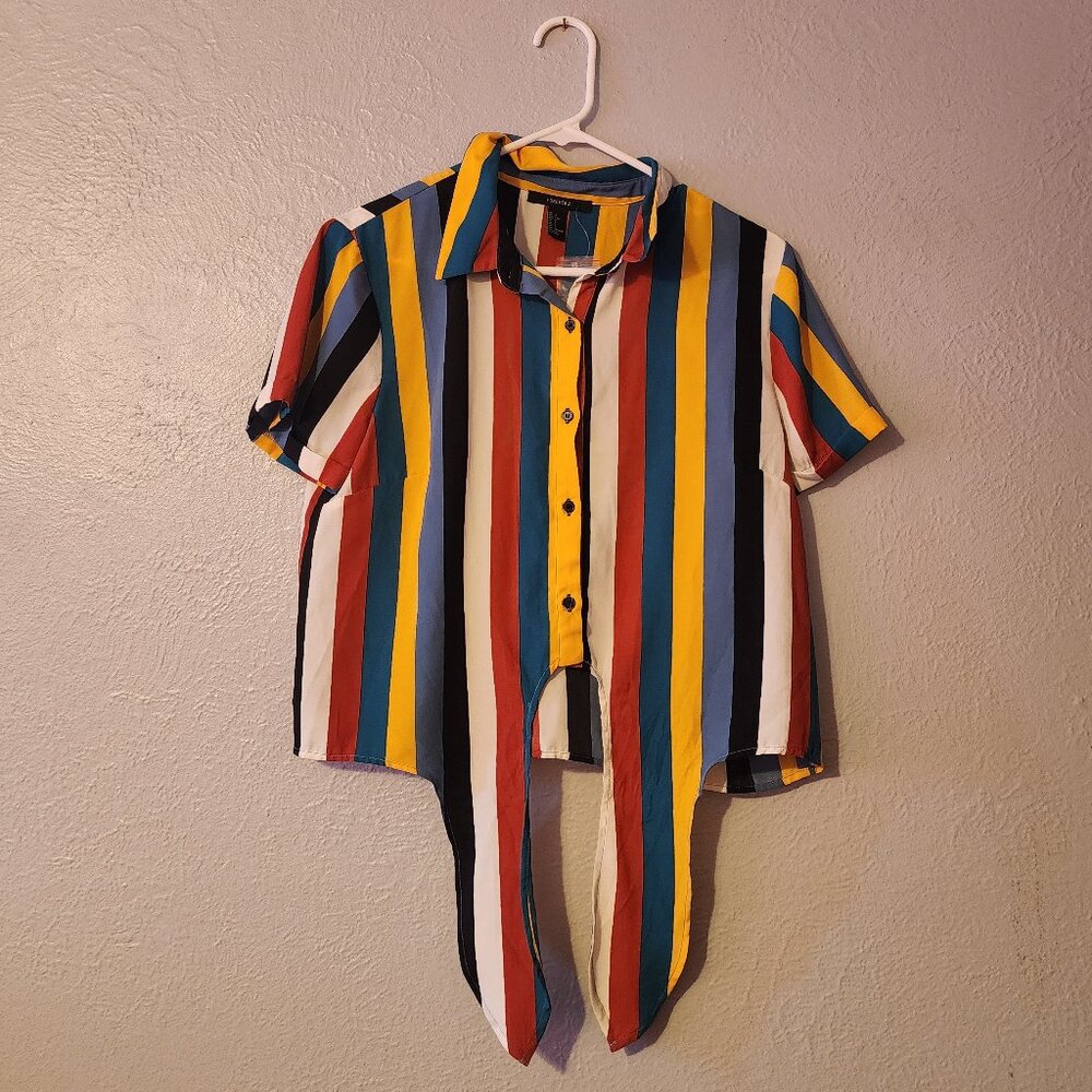 Forever 21 Retro Multicolored Vertical Stripe Front Tie Button Down Shirt